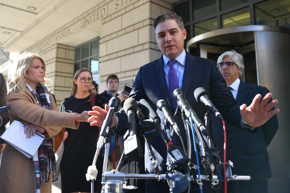 Jim Acosta speaks outside US District Court in Washington DC last week: AFP/Getty Images