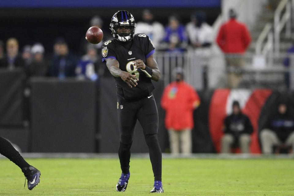 Baltimore Ravens quarterback Lamar Jackson passes during the second half against the Cleveland Browns.