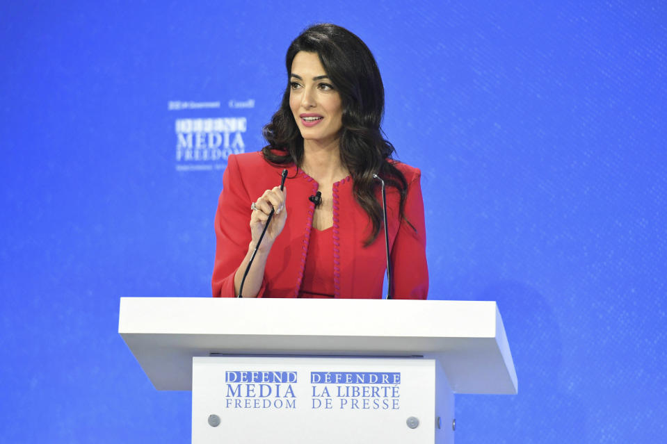 Amal Clooney spekas during the Global Conference for Media Freedom at The Printworks in London, Wednesday, July 10, 2019. (Dominic Lipinski/PA via AP)