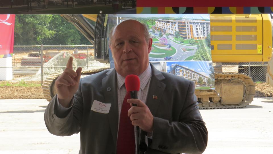 Parsippany Mayor James Barberio speaks during the groundbreaking for the PARQ Parsippany redevelopment of the former Lanidex Plaza East office park in Parsippany.