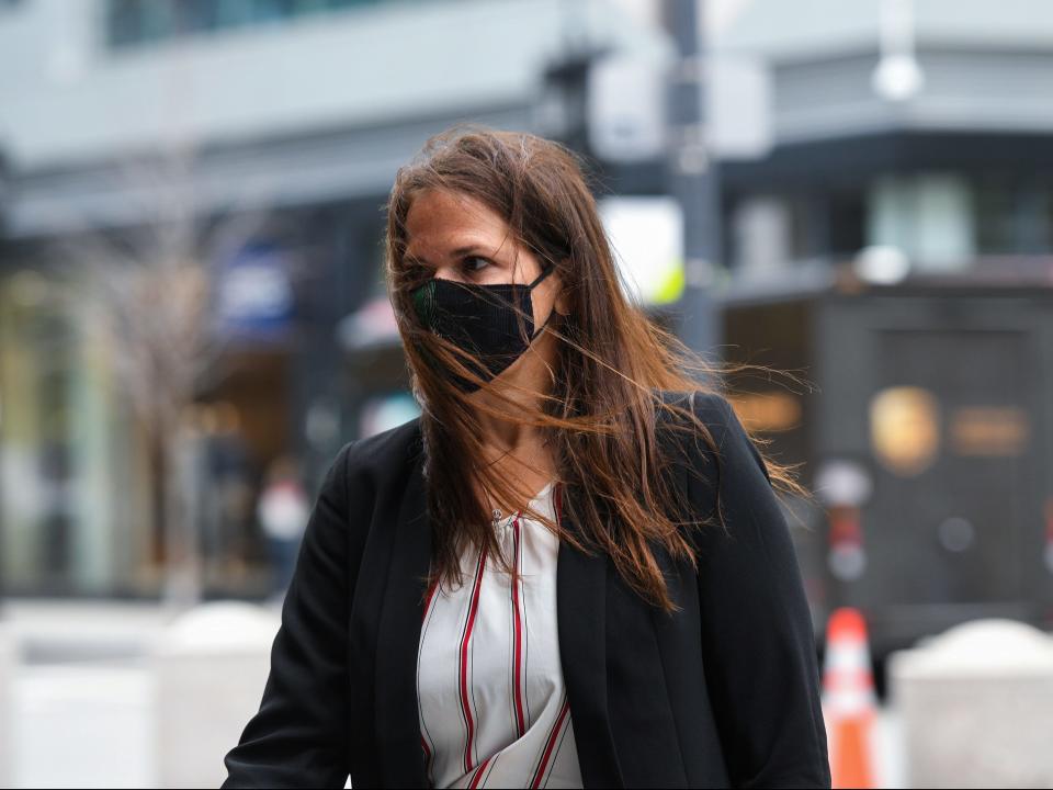 Laura Janke, who worked at the University of Southern California as a women's soccer coach, arrives to testify in federal court in the trial of former Wynn Resorts Ltd executive Gamal Aziz and private equity firm founder John Wilson in Boston, Massachusetts, U.S., September 24, 2021.