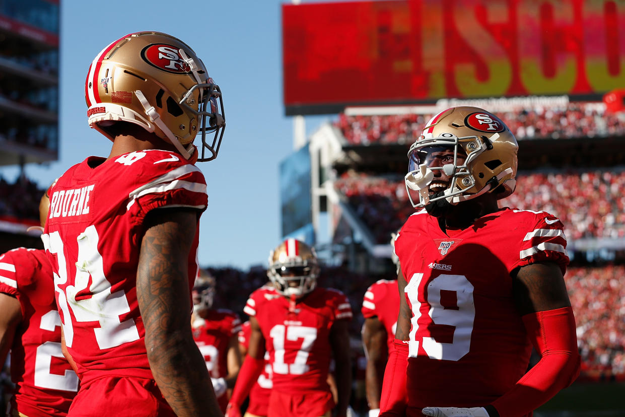 SANTA CLARA, CALIFORNIA - JANUARY 11: Kendrick Bourne #84 of the San Francisco 49ers celebrates with Deebo Samuel #19 after scoring a touchdown in the first quarter of the NFC Divisional Round Playoff game against the Minnesota Vikings at Levi's Stadium on January 11, 2020 in Santa Clara, California. (Photo by Lachlan Cunningham/Getty Images)