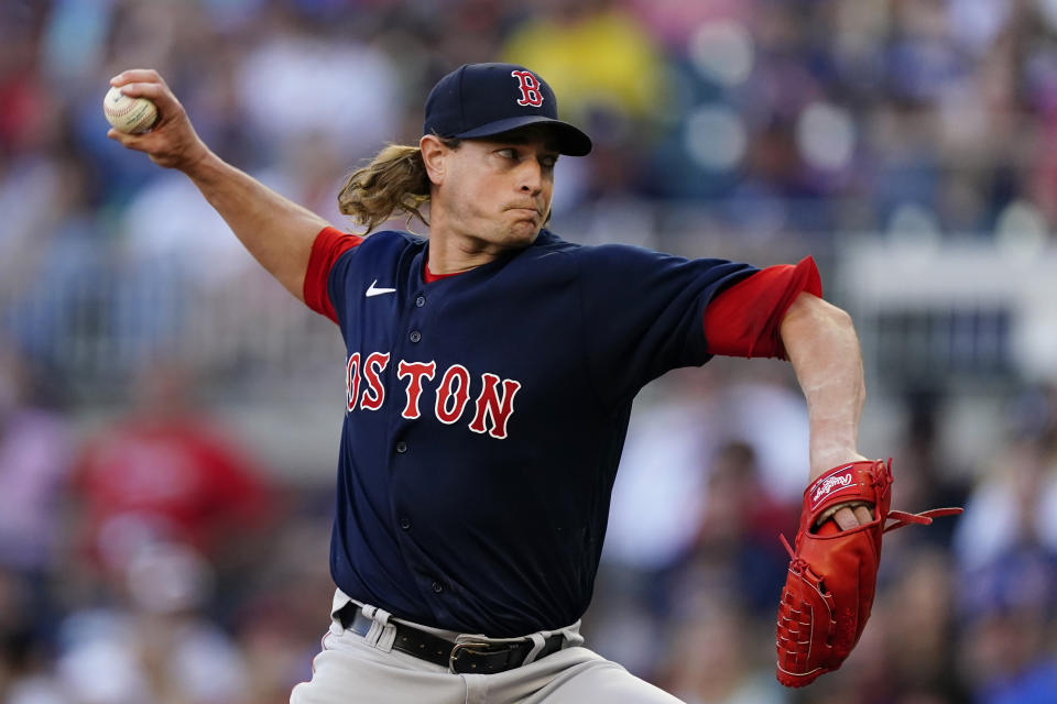 Boston Red Sox starting pitcher Garrett Richards (43) works in the first inning of a baseball game against the Atlanta Braves Wednesday, June 16, 2021, in Atlanta. (AP Photo/John Bazemore)