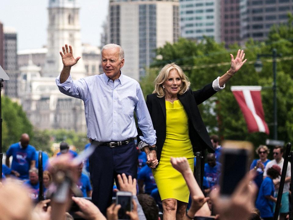 PHILADELPHIA, PA - MAY 18: (CHINA OUT, SOUTH KOREA OUT) Democratic presidential candidate, former U.S. Vice President Joe Biden and his wide Jill Biden wave during a campaign kickoff rally on May 18, 2019 on Philadelphia, Pennsylvania. Since Biden announced his candidacy in late April, he has taken the top spot in all polls of the sprawling Democratic primary field. Biden's rally on Saturday was his first large-scale campaign rally after doing smaller events in Iowa and New Hampshire in the past few weeks. (Photo by The Asahi Shimbun via Getty Images)