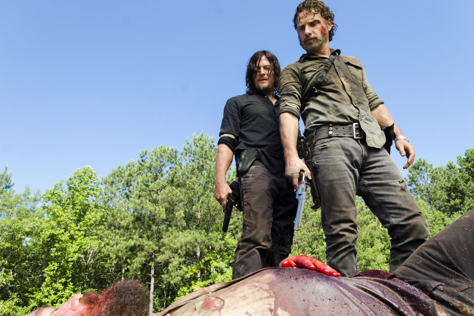 <p>Charles Halford as Yago, Norman Reedus as Daryl Dixon, Andrew Lincoln as Rick Grimes in AMC’s <i>The Walking Dead.><br> (Photo: Gene Page/AMC)</i> </p>