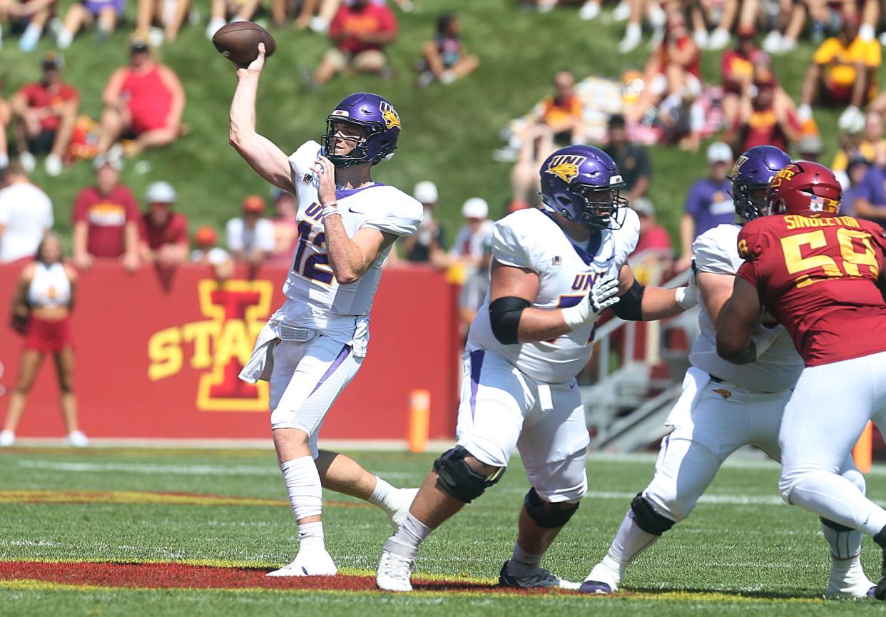 Northern Iowa Panthers quarterback Theo Day throws the ball against Iowa State during the first quarter in the season-opening game at Jack Trice Stadium on Saturday, Sept. 2, 2023, in Ames, Iowa.