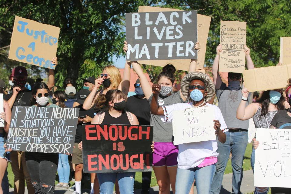 Participants in a Las Cruces, N.M. Black Lives Matter demonstration on June 1, 2020, are seen wearing masks as a precaution during the first months of the COVID-19 pandemic.