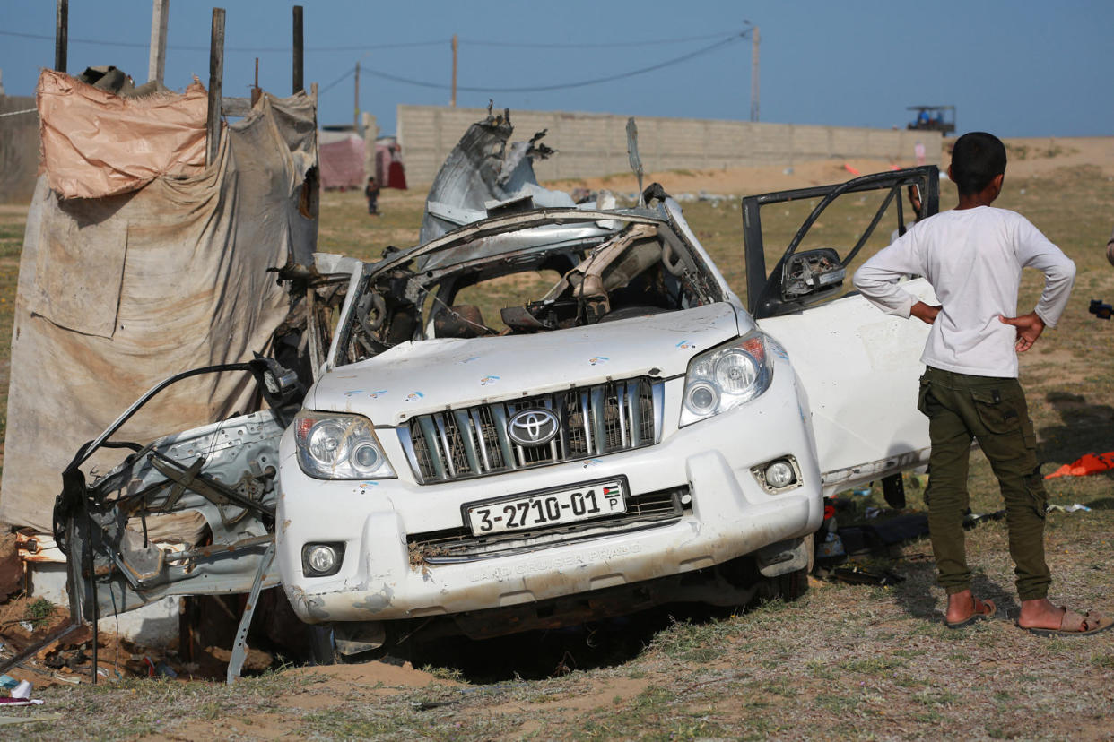 A car used by the World Central Kitchen that was hit by an Israeli strike the previous day in Deir al-Balah, Gaza, on April 2, 2024. (AFP - Getty Images file)