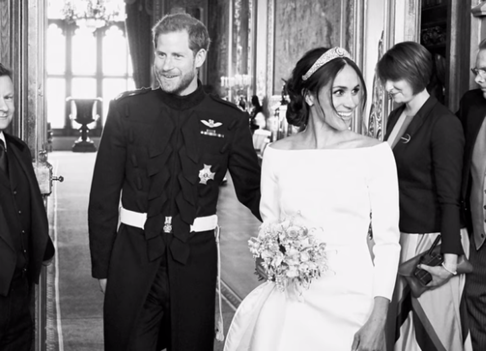 Harry and Meghan entering St George’s Hall post-nuptials (Netflix)