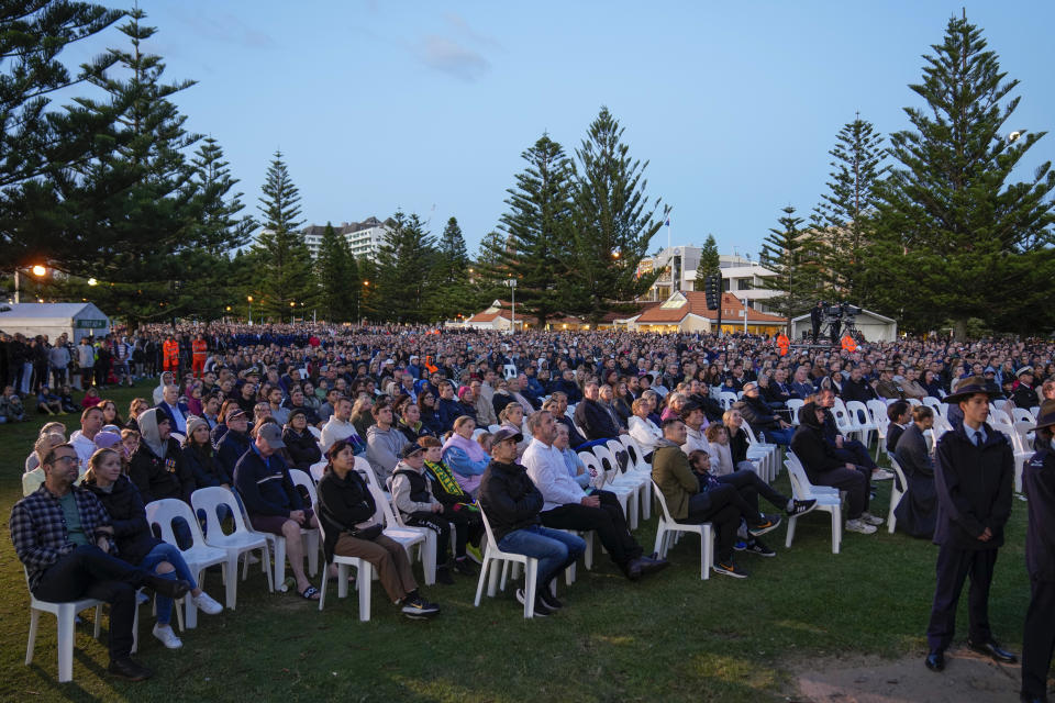 Crowds gather during an Anzac Day dawn service at Coogee Beach in Sydney, Australia, Thursday, April 25, 2024. (AP Photo/Mark Baker)