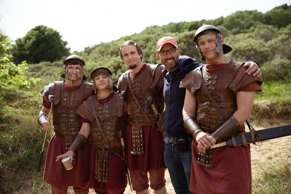 Rosenthal, Sampson, Tom Basden, Sam Leifer and Jonathan Pointing on set in Wales (Rise Films)