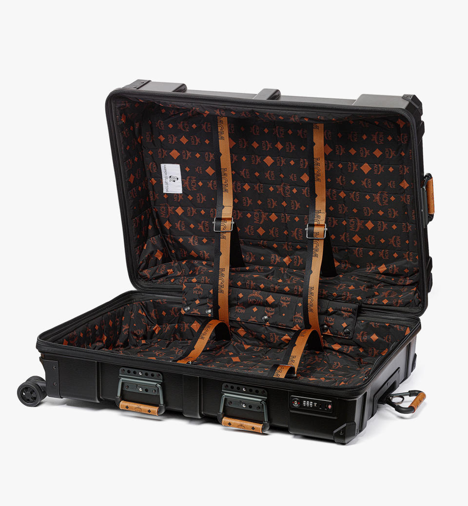 The interior of the Harper Collective X MCM suitcases contains recycled and upcycled elements from MCM.