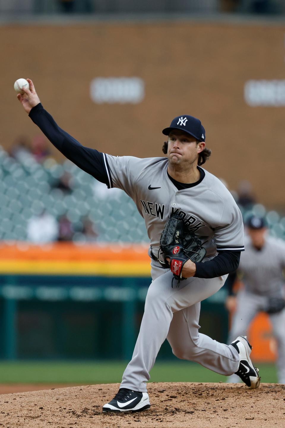 New York Yankees starting pitcher Gerrit Cole (45) pitches in the first inning against the Detroit Tigers at Comerica Park.