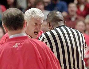 Bob Knight yells at referee Ted Valentine after being called for a technical. Staff photo by David Snodgress