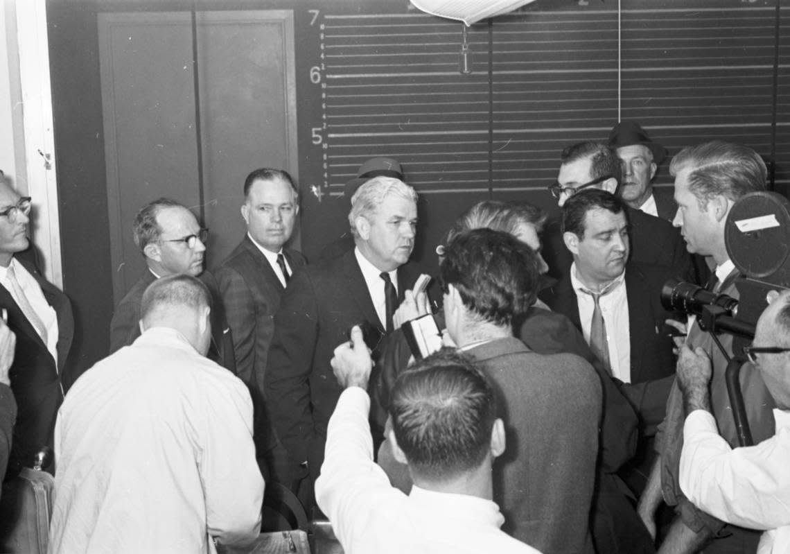 Nov. 24, 1963: Dallas District Attorney Henry Wade tells reporters at the Dallas Police Department that conviction is likely for Lee Harvey Oswald in President Kennedy’s assassination