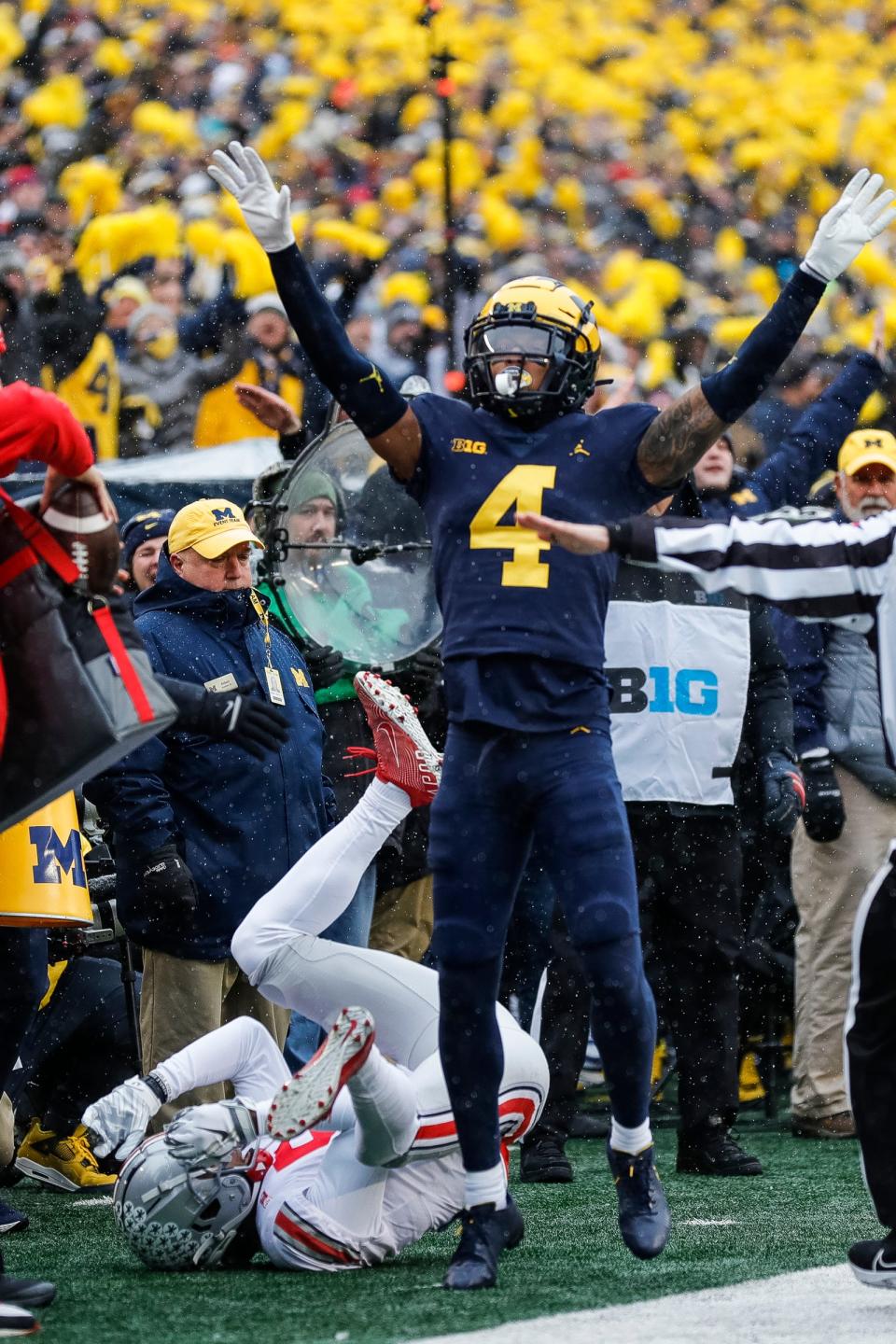 Michigan defensive back Vincent Gray celebrates a play against Ohio State during the first half at Michigan Stadium in Ann Arbor on Saturday, Nov. 27, 2021.