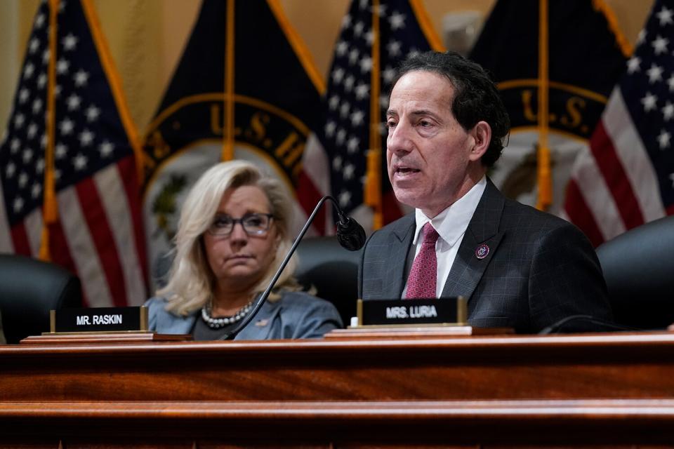 Vice Chair Liz Cheney, R-Wyo., listens at left as Rep. Jamie Raskin, D-Md., speaks as the House committee investigating the Jan. 6 attack on the U.S. Capitol pushes ahead with contempt charges against former Trump advisers Peter Navarro and Dan Scavino in response to their refusal to comply with subpoenas, at the Capitol in Washington, Monday, March 28, 2022. Navarro, President Donald Trump's trade adviser, and Scavino, a White House communications aide under Trump, have been uncooperative in the congressional probe into the deadly 2021 insurrection.