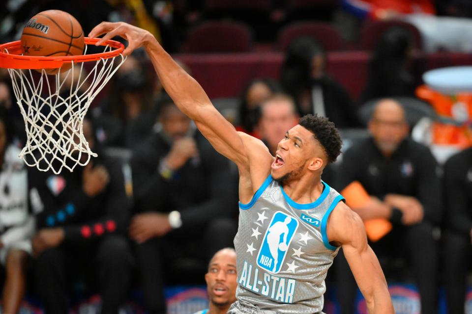 Giannis Antetokounmpo slams one home in the 2022 NBA All-Star Game in Cleveland. Antetokounmpo will make his seventh all-star start in 2023.