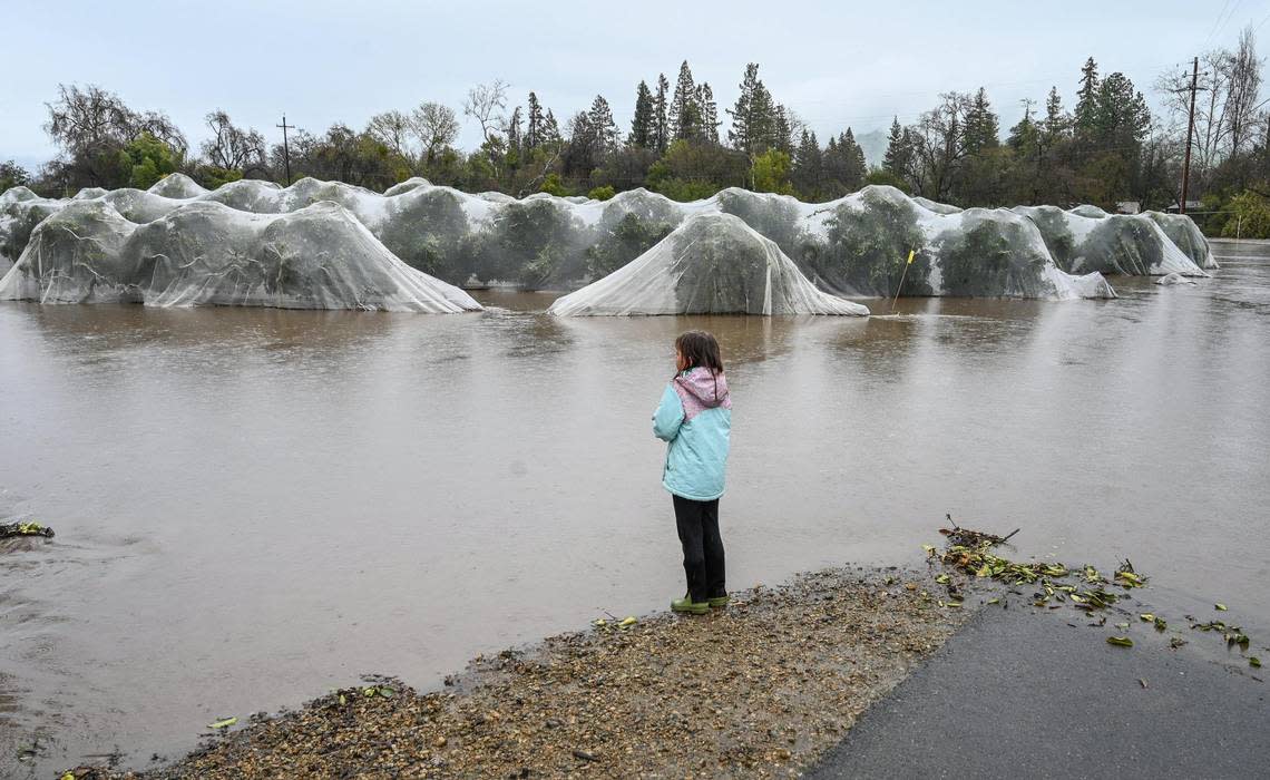 Millie Riddle, 7, looks out toward her family’s home off Rio Vista Road on the Kings River in eastern Fresno County where her family has been unable to get out to it when the area flooded with water during heavy rain and mountain runoff on Friday, March 10, 2023.