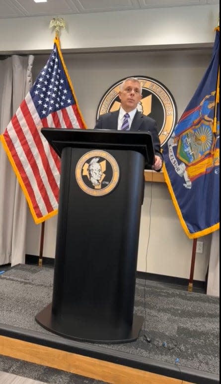 Oneida County Executive Anthony Picente Jr., seen here in a screenshot from his livestreamed press conference on Sept. 28, 2023, has issued an executive order to stop local landlords from accepting New York City vouchers to house people who are homeless in upstate counties.