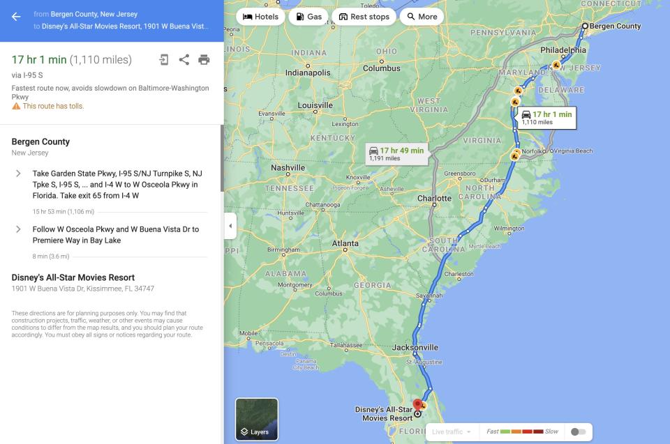 A screenshot from Google Maps that shows the route from New Jersey to Disney's All-Star Movie's Resort.