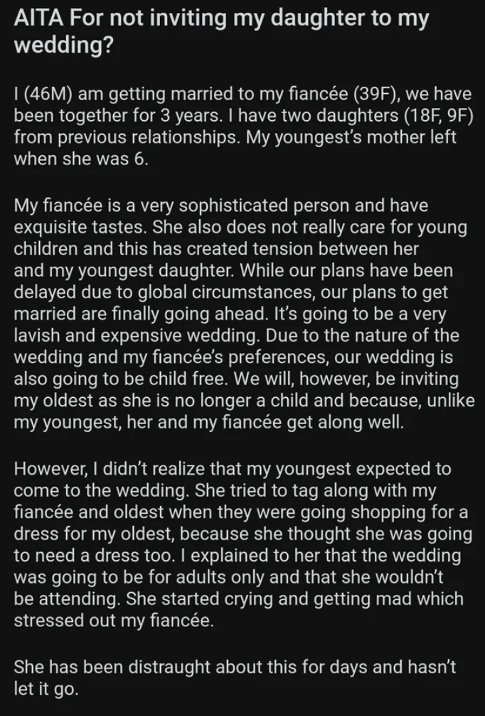 "AITA For not inviting my daughter to my wedding?"