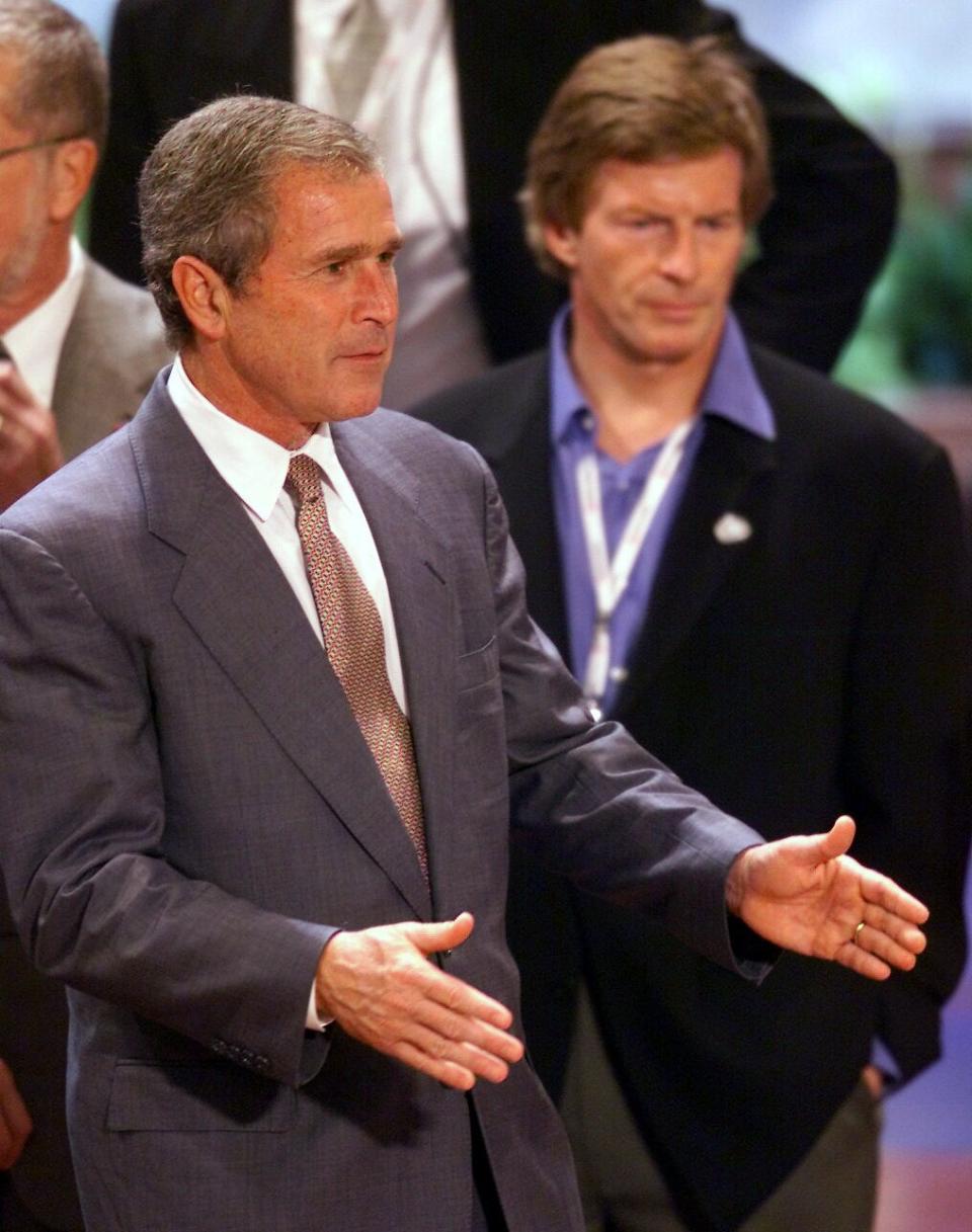 A different era: Republican presidential nominee George W. Bush and media adviser Stuart Stevens in Philadelphia on Aug. 2, 2000.