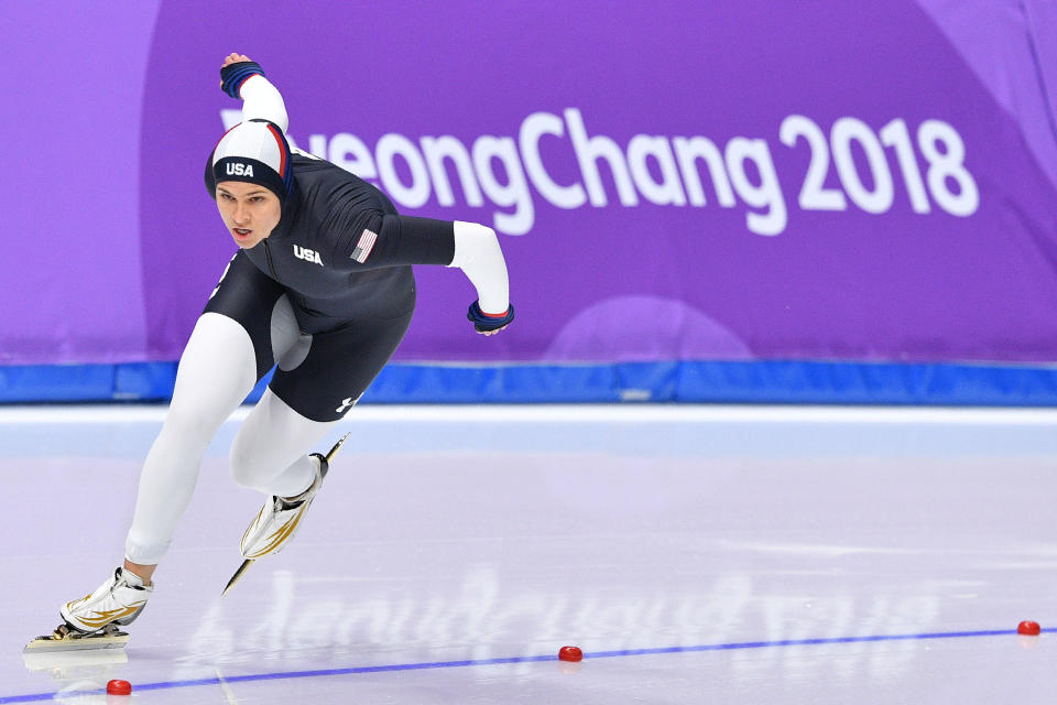 <p>USA’s Brittany Bowe competes in the women’s 1,000m speed skating event during the Pyeongchang 2018 Winter Olympic Games at the Gangneung Oval in Gangneung on February 14, 2018. / AFP PHOTO / Mladen ANTONOV </p>