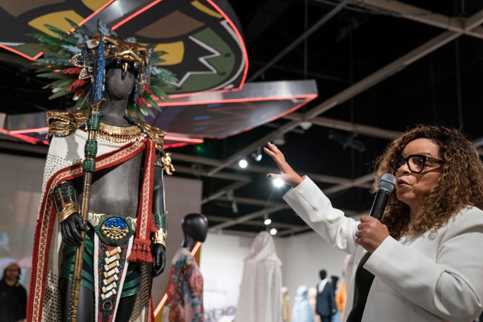 Oscar winning costume designer Ruth E. Carter takes a tour at the Charles H. Wright Museum of African American History in Detroit on Friday, Oct. 6, 2023 of an exhibit featuring her costume designs from movies early in her career like "Do the Right Thing" to the more recent "Black Panther."