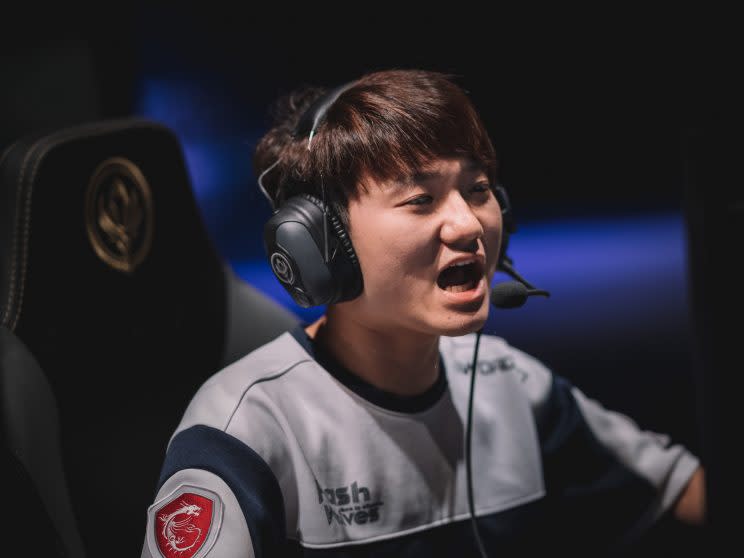 Flash Wolves support Hu “SwordArt” Shuojie yells during their match against SK Telecom T1 (Riot Games/lolesports)