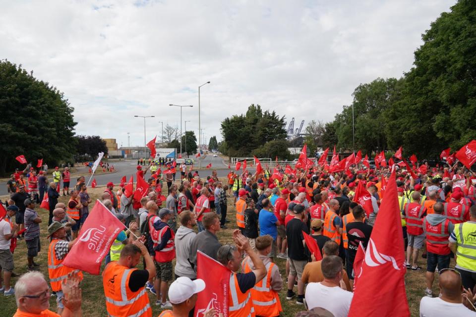 Members of the Unite union man a picket line at one of the entrances to the Port of Felixstowe (Joe Giddens/PA) (PA Wire)