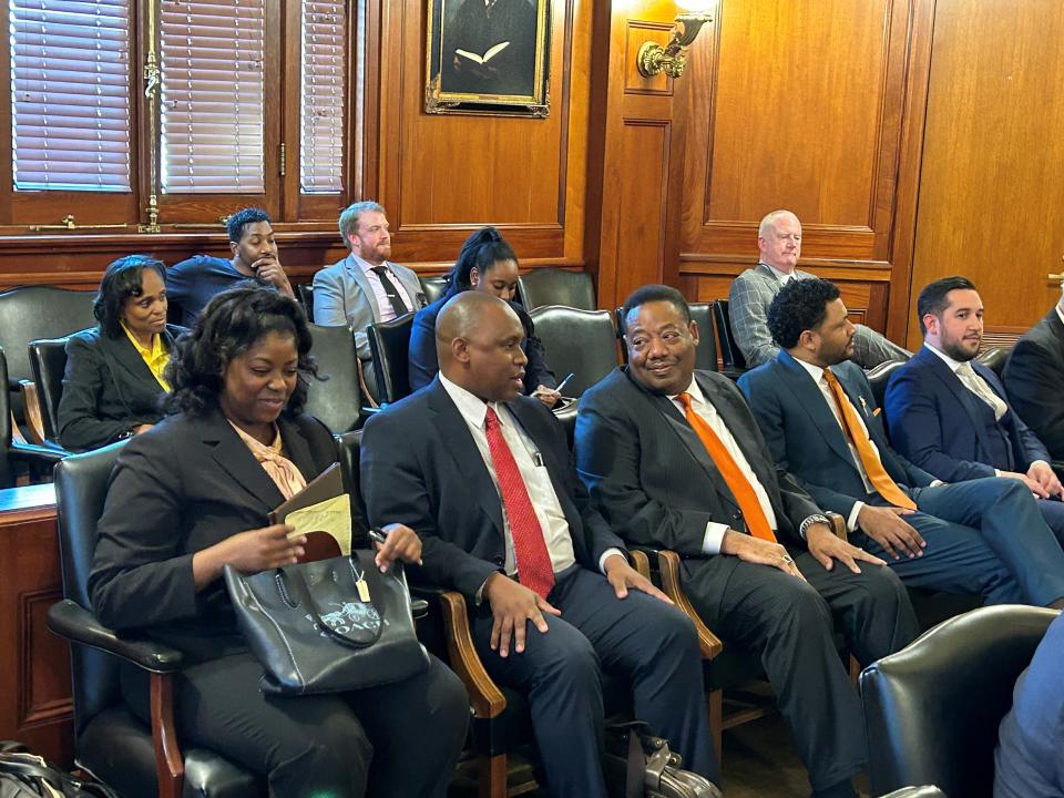 Memphis mayoral candidates Van Turner, head of the local NAACP branch, and Floyd Bonner, Shelby County Sheriff, attend court May 18, 2023 in a lawsuit challenging a five-year residency requirement.