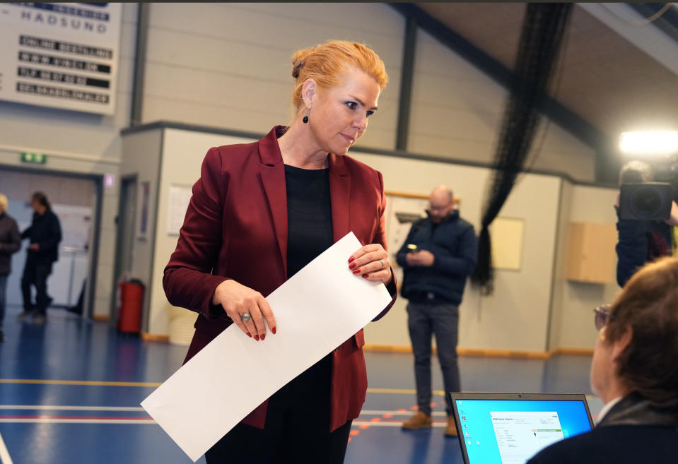 Head of the Denmark Democrats Inger Stojberg casts her ballot, in Hadsund, Jutland, Denmark, Tuesday, Nov. 1, 2022. Polling stations have opened across Denmark in elections expected to change the Scandinavian nation’s political landscape, with new parties hoping to enter parliament and others seeing their support dwindle. (Henning Bagger/Ritzau Scanpix via AP)
