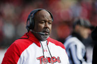 Maryland head coach Mike Locksley watches during the first half of an NCAA football game against Rutgers, Saturday, Nov. 27, 2021, in Piscataway, N.J. (AP Photo/Noah K. Murray)