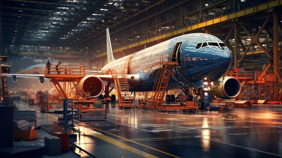 A complex assembly line producing aircraft structures for aerospace applications.