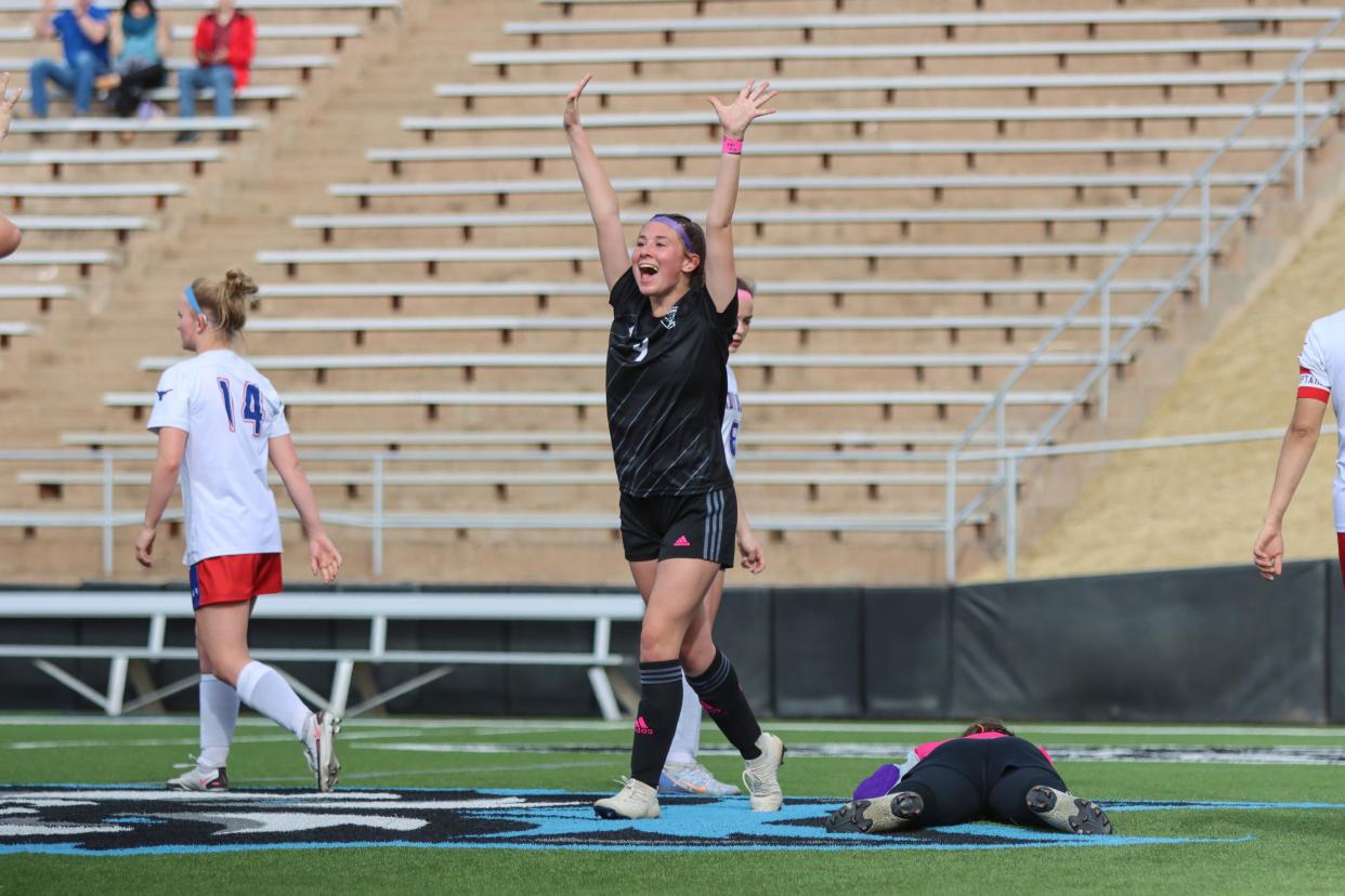 Randall’s Rylee Bennett (9) celebrates a goal in a 4A Bi-District playoff game against Graham, Thursday, March 23, 2023, at Happy State Bank Stadium in Canyon, Texas.  Randall won 2-0.