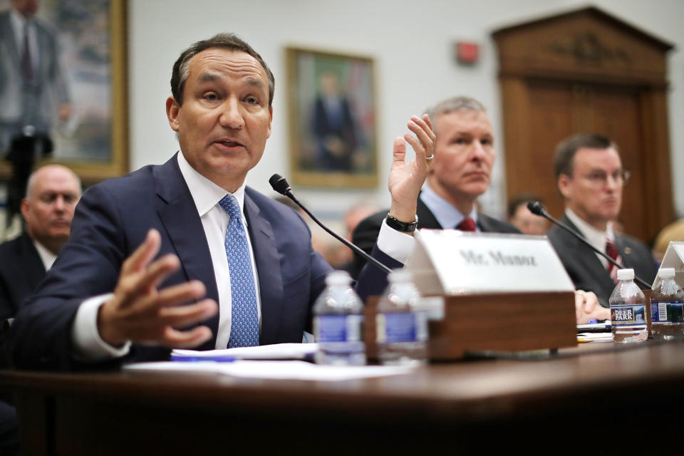 <p>When United Airlines passenger David Dao was forcibly removed from a flight to make room for airline staff, a video of the struggle swept the internet. CEO Oscar Munoz sought to justify the action as Dao was “disruptive” and “belligerent” but was forced to backtrack after days of bad publicity before offering a full apology. (Chip Somodevilla/Getty Images) </p>