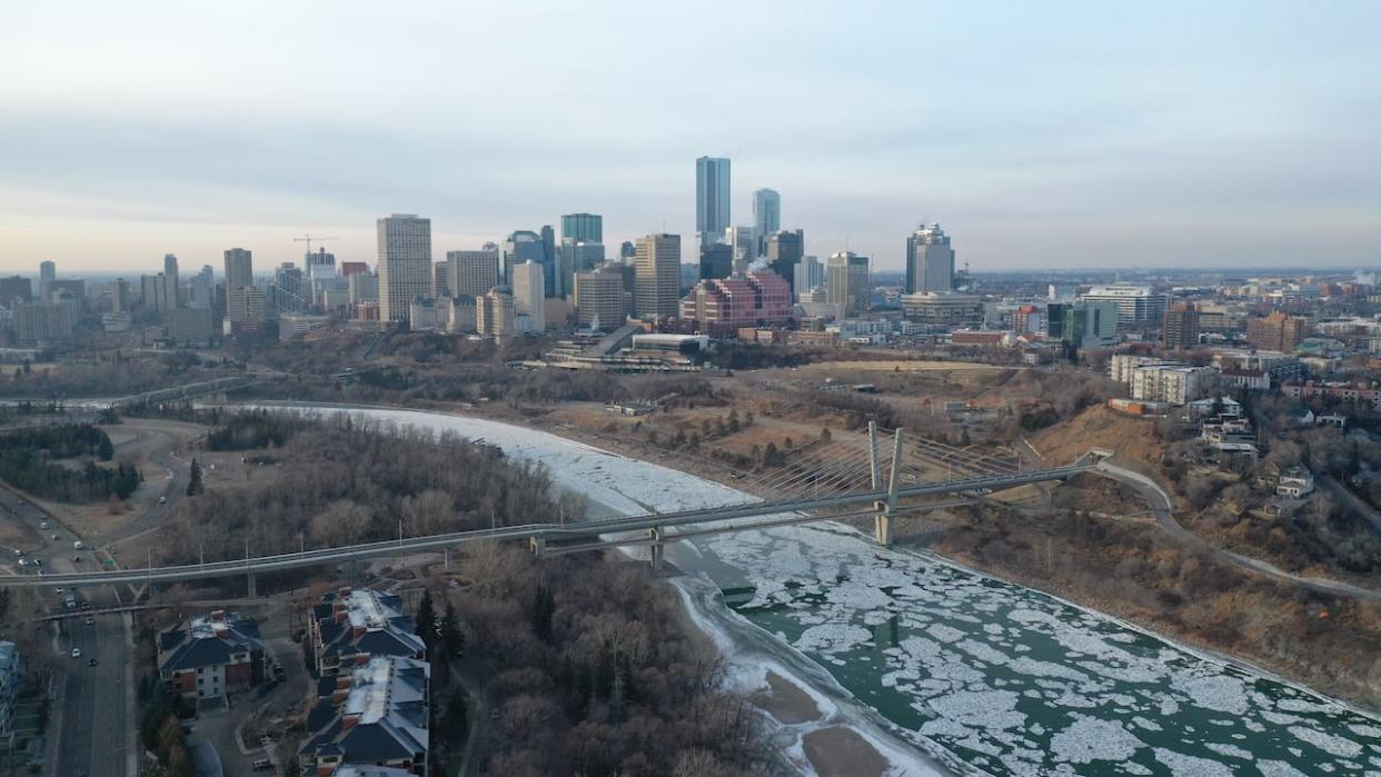 A view of downtown Edmonton with no snow on the ground in early December 2023. (David Bajer/CBC - image credit)