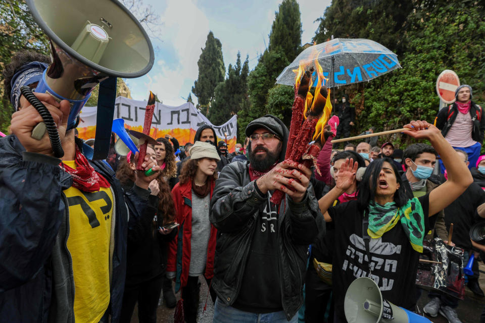 Protesters Prime Minister Benjamin Netanyahu's resignation outside his official residence in Jerusalem on Jan. 29, 2021. (Menahem Kahana / AFP - Getty Images)