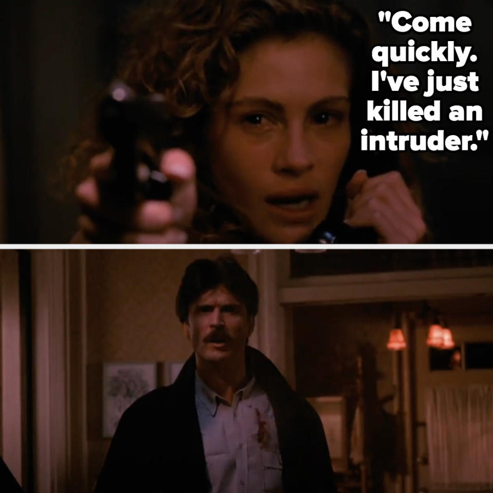 Laura says "come quickly, i've just killed an intruder" then shoots Martin