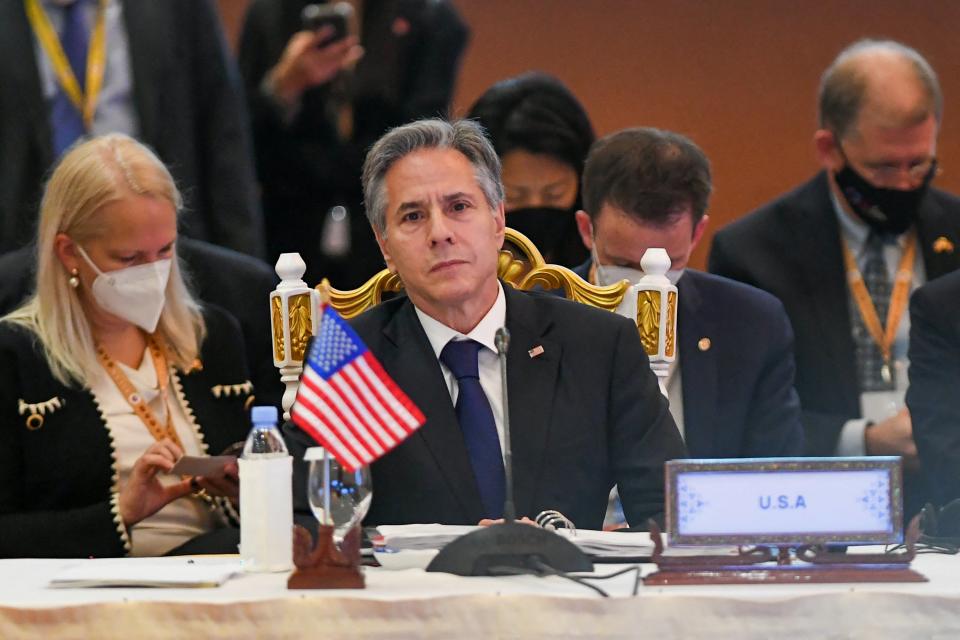 US Secretary of State Anthony Blinken looks on at the East Asia Summit foreign ministers meeting during the 55th Asean foreign ministers’ meeting in Phnom Penh on 5 August 2022 (AFP via Getty Images)