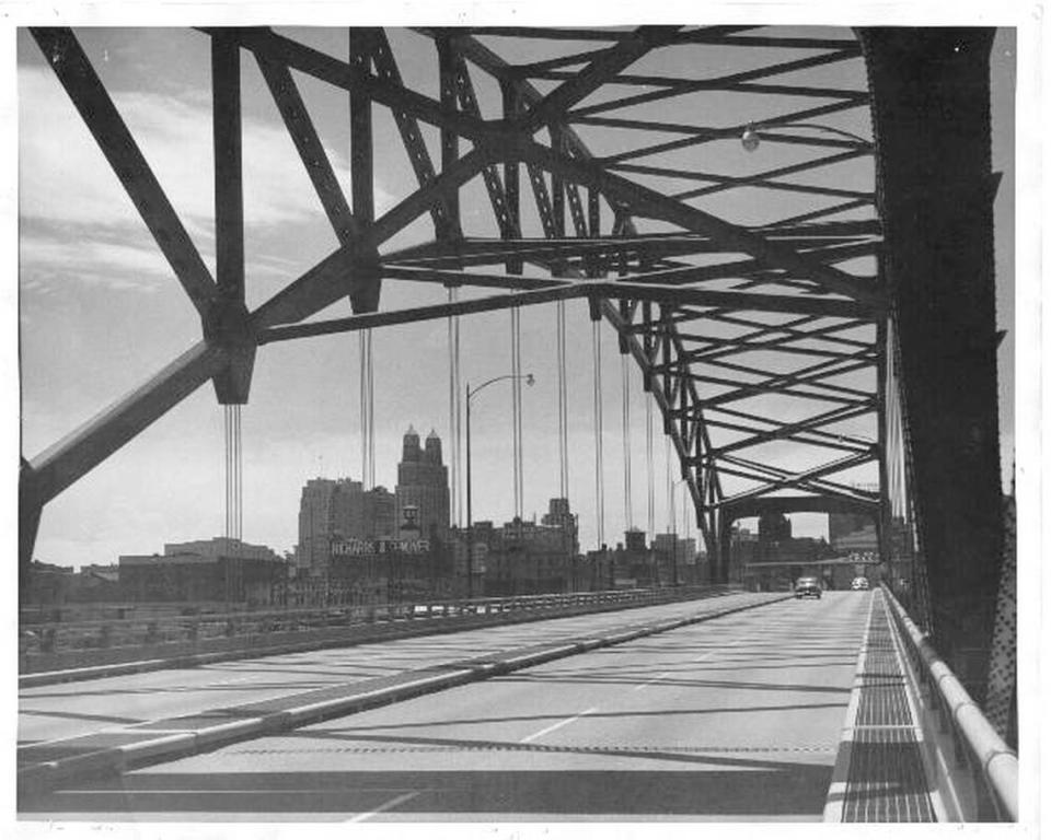 The Kansas City skyline is framed by the Broadway Bridge, which was dedicated in 1956.