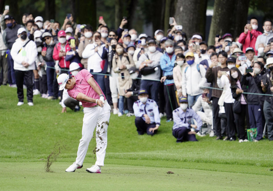 Hideki Matsuyama plays a shot in the first hole at the Zozo Championship in Inzai, Japan, Friday, Oct. 14, 2022. (Katsuya Miyagawa/Kyodo News via AP)