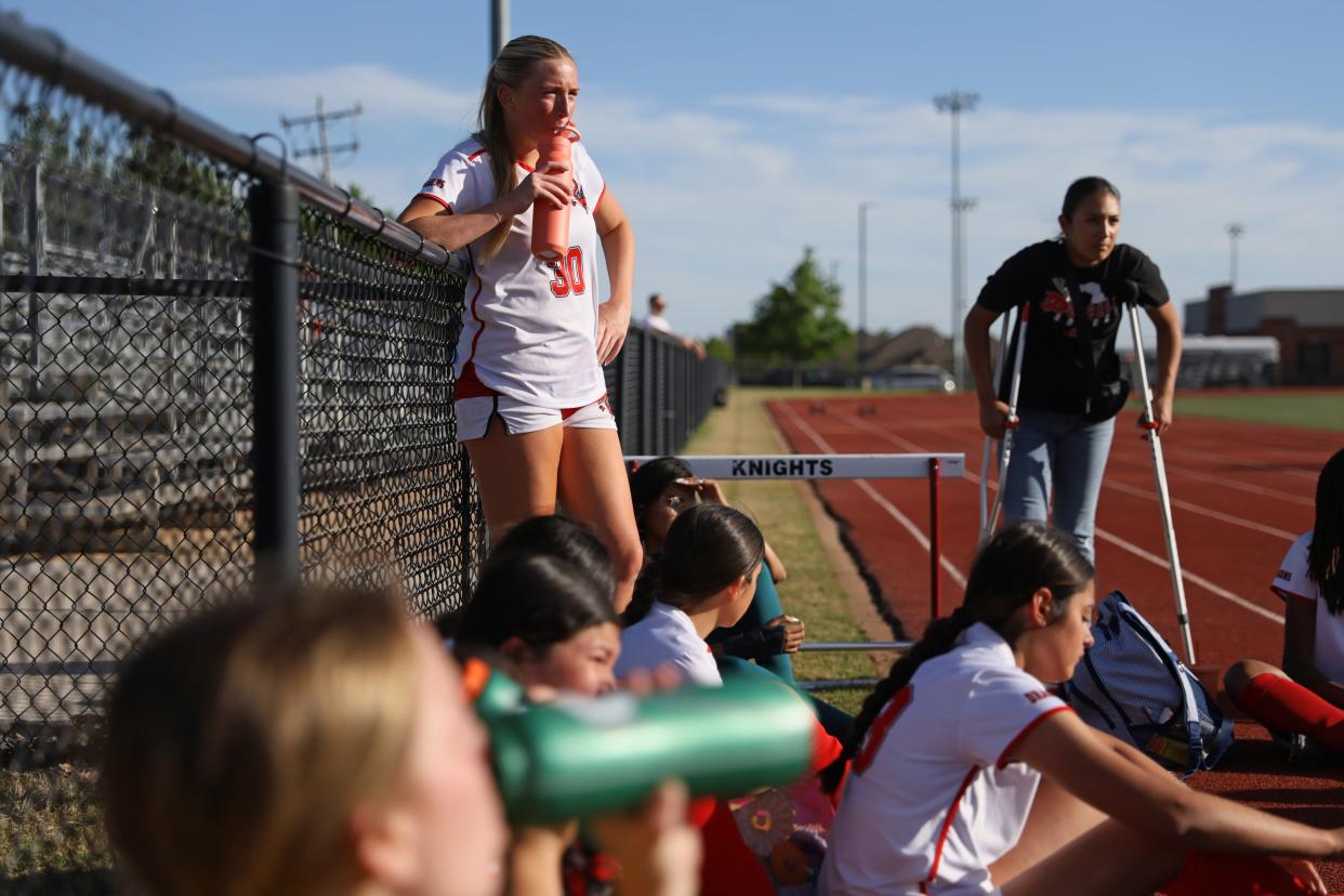 Purcell's Brynley Jennings listens as the team gathers after a girls soccer game against Crossings Christian in Oklahoma City, Tuesday, April 16, 2024.