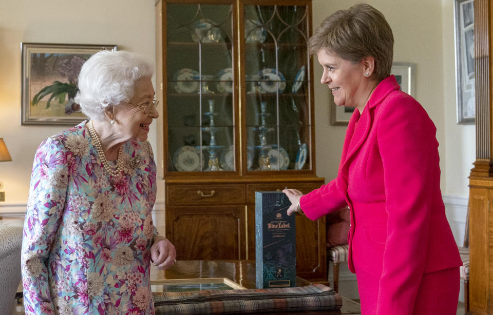 Queen Elizabeth II receives First Minister of Scotland Nicola Sturgeon during an audience at the Palace of Holyroodhouse in Edinburgh, as part of her traditional trip to Scotland for Holyrood Week. Picture date: Wednesday June 29, 2022.