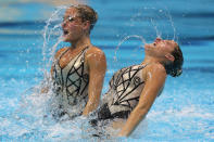 Etel Sanchez and Sofia Sanchez of Argentina compete in the Women's Duets Synchronised Swimming Free Routine Preliminary on Day 10 of the London 2012 Olympic Games at the Aquatics Centre on August 6, 2012 in London, England. (Photo by Clive Rose/Getty Images)