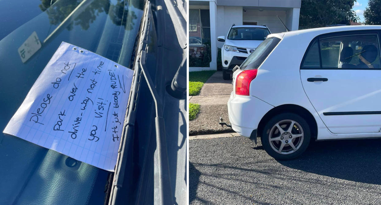 The handwritten note on the windscreen (left) and the car parked across the driveway blocking the exit (right). 