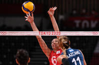 <p>Russia's Irina Koroleva attempts to block a shot in the women's preliminary round pool B volleyball match between Russia and Argentina during the Tokyo 2020 Olympic Games at Ariake Arena in Tokyo on July 27, 2021. (Photo by ANGELA WEISS / AFP)</p> 