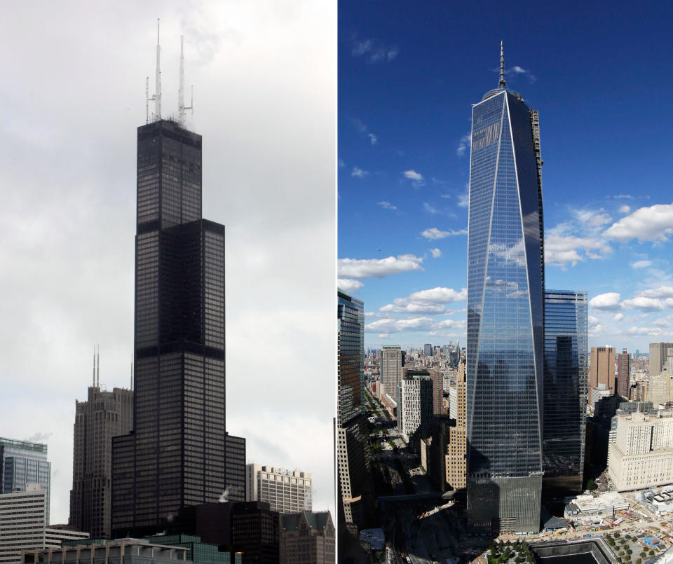 Willis Tower in Chicago on March 12, 2008, left, a tiered, rectangular building, and One World Trade Center in New York, one of whose faces is in the shape of a triangle, with the other faces curving around it.