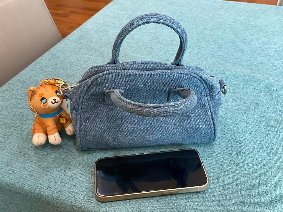 An image of a tiny pouch with a cat keychain, iPhone for scale.